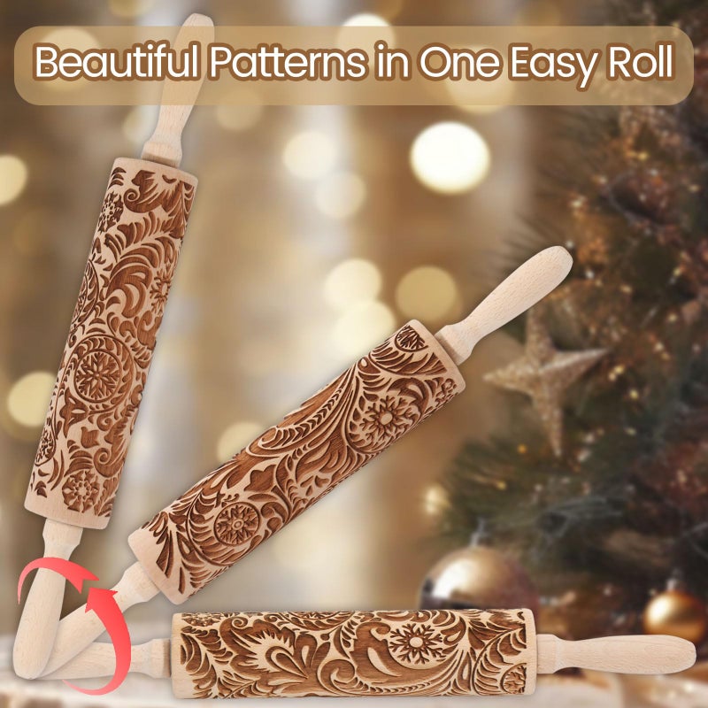 Big Role Embossed Rolling Pin for Baking Cookies Christmas Embossing Rolling Pins with Design Wooden Engraved Springerle Roller Pin Dough Patterned Clay Pottery Ceramic Bakers Women (Flower Snowflake Paisley) - Image 2